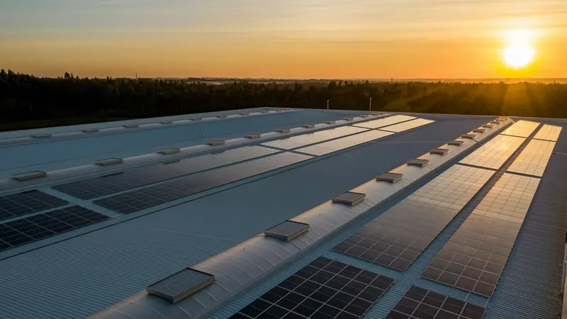 Large solar array across a commercial factory roof as the sun sets over the treeline